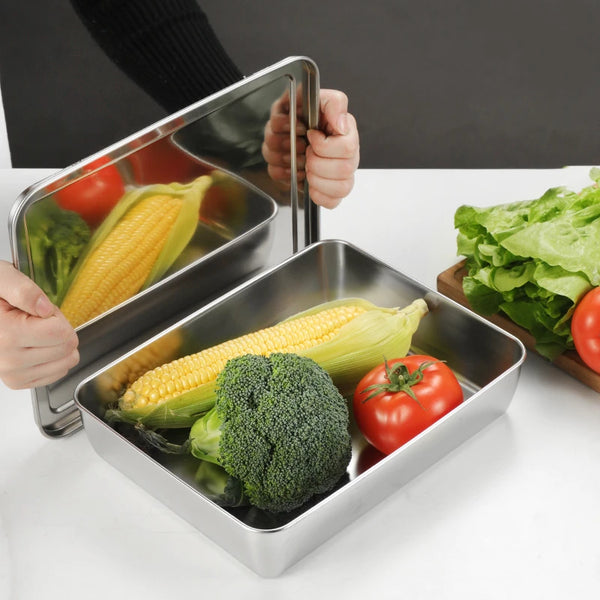 Thicken Stainless Steel Serving Tray with Lid Rectangle Metal Food Storage Plates Dish Cake Buffet Organizer Kitchen Container