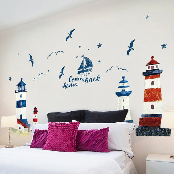 Sea Sailboat Lighthouse Wall Stickers Background Decoration Bedroom Living Room TV Sofa Mural Wallpaper Art Decals Sticker