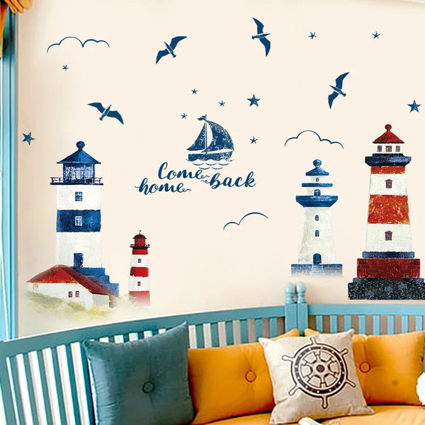 Sea Sailboat Lighthouse Wall Stickers Background Decoration Bedroom Living Room TV Sofa Mural Wallpaper Art Decals Sticker