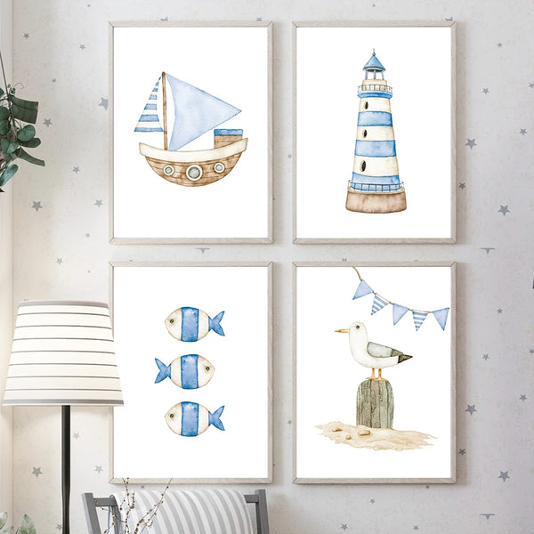 Sailboat Lighthouse Fish Nautical Nursery Posters And Prints Canvas Painting Nordic Wall Art Pictures Baby Kids Room Home Decor