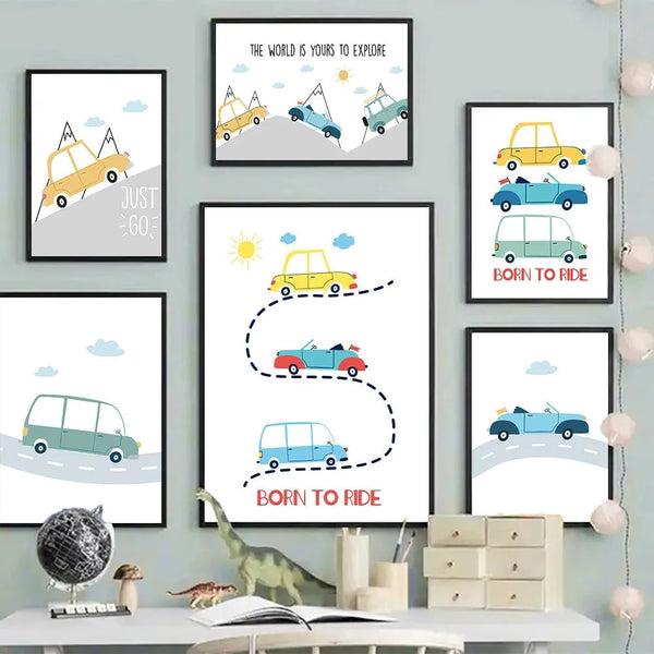 Car Mountain Canvas Painting Truck Painting Poster Sun Quotes Print Pictures Nursery Wall Posters Baby Boys Room Decoration