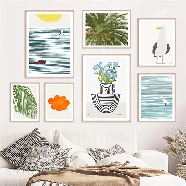 Sea Bird Seagull Palm Leaf Sailboat Minimalist Wall Art Canvas Painting Poster Pictures for Living Room Decoration Home Decor