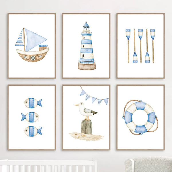 Sailboat Lighthouse Fish Nautical Nursery Posters And Prints Canvas Painting Nordic Wall Art Pictures Baby Kids Room Home Decor