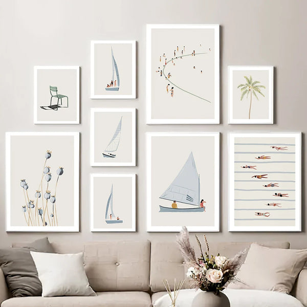 Minimalist Beach Ocean Floral Wall Art Sailboat Canvas Painting Swimming Pool Posters And Prints Pictures For Living Room Decor