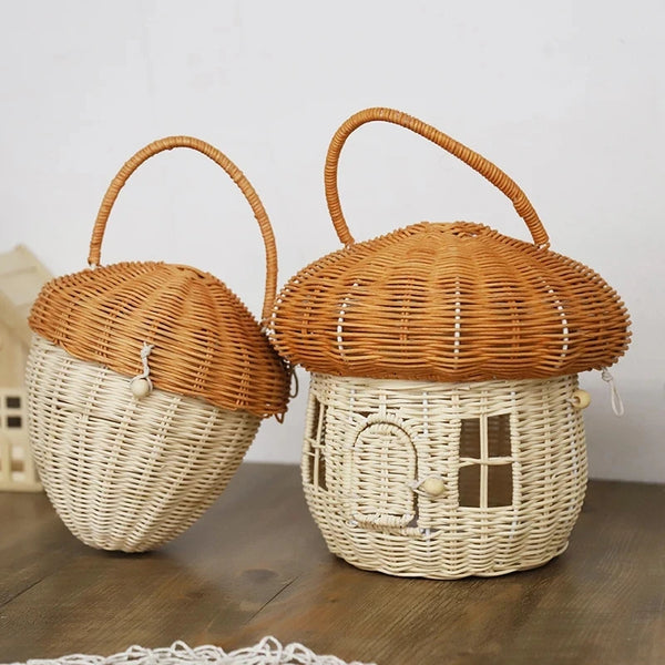 Rattan Mushroom Baskets Cute Handwoven Storage Bags Picnic Basket with Straw Decorative Rattan Shoulder Bags Kids Organizer Box