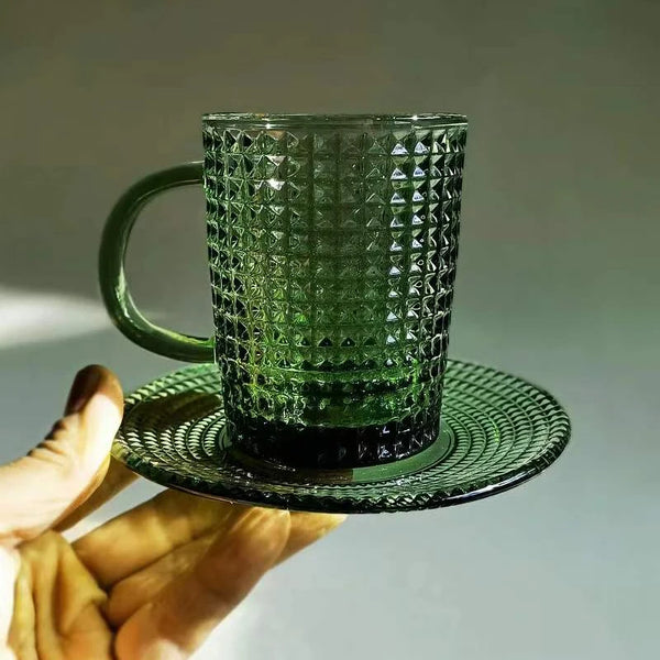 Glass Embossed Coffee Mug and Saucer